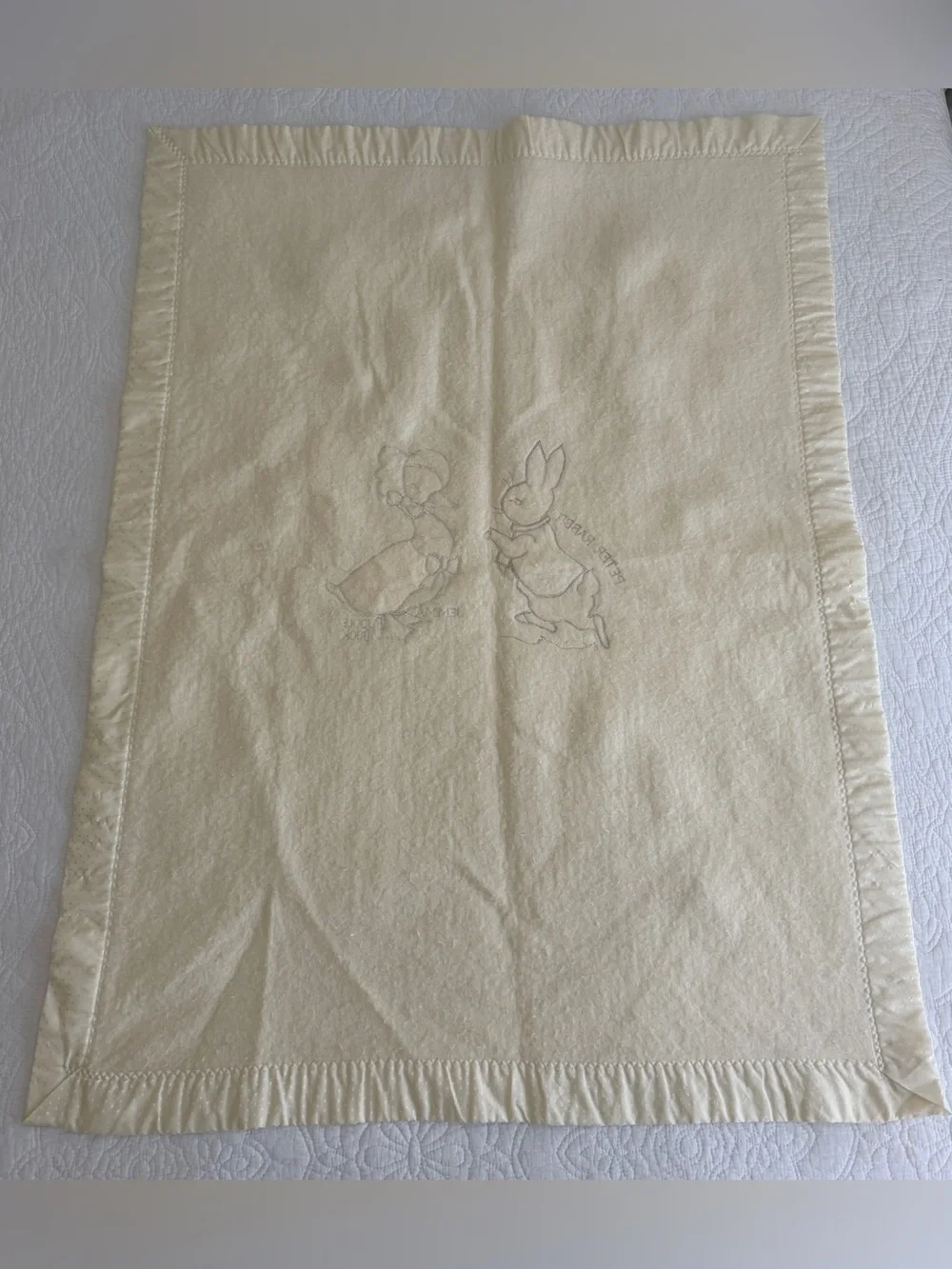 Vintage Quiltex Beatrix Potter Peter Rabbit Embroidered Satin Edge Baby Blanket